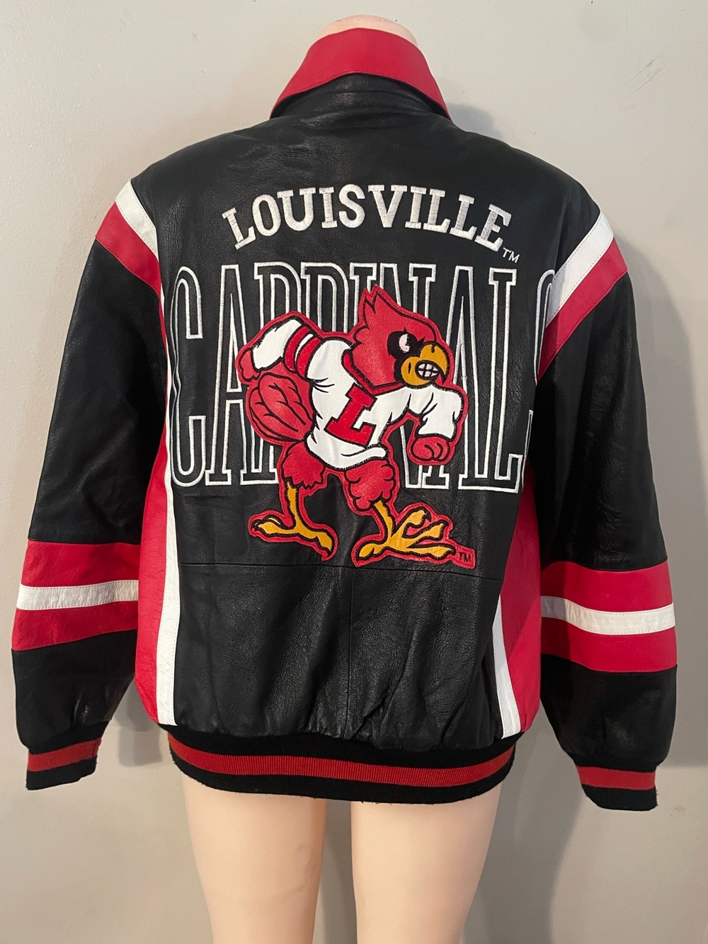 Vintage 90s Louisville Cardinals Black & Red Varsity Leather Jacket coat Large